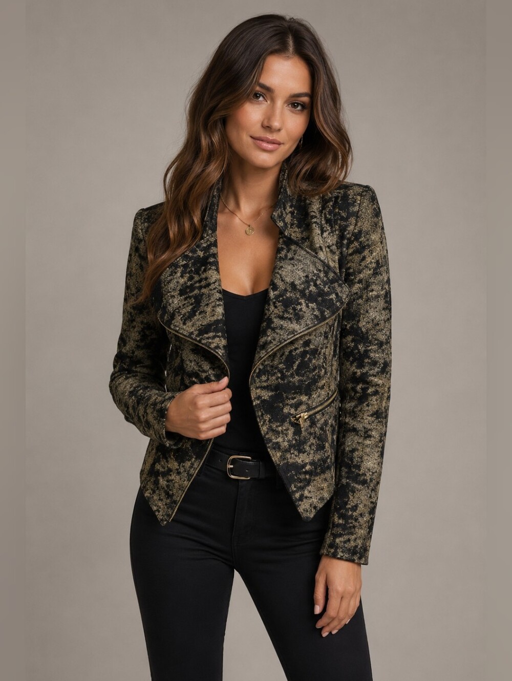 Frank Lyman Metallic Gold Black Brocade Crop Moto Jacket Blazer NWOT 6